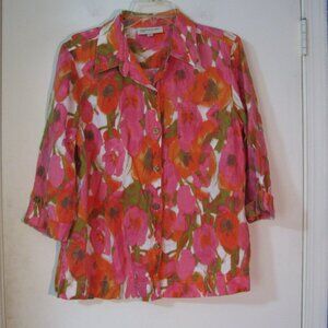Jones NY Sport Button Up Top Large 100% Linen Pink Floral 3/4 Sleeve